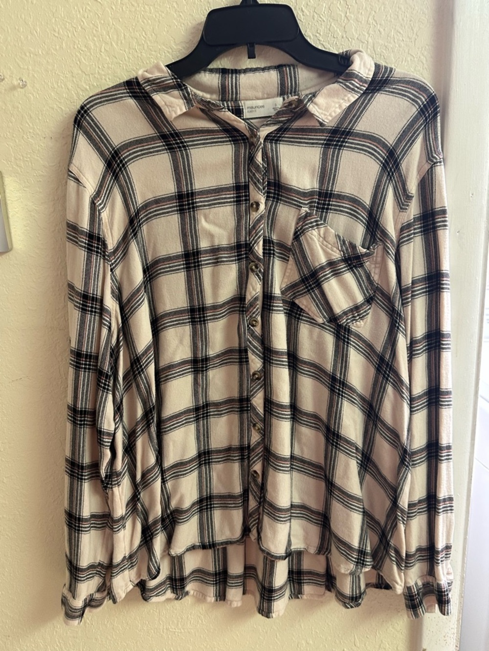 Button-Front Plaid Shirt - Cream, Pink, & Black